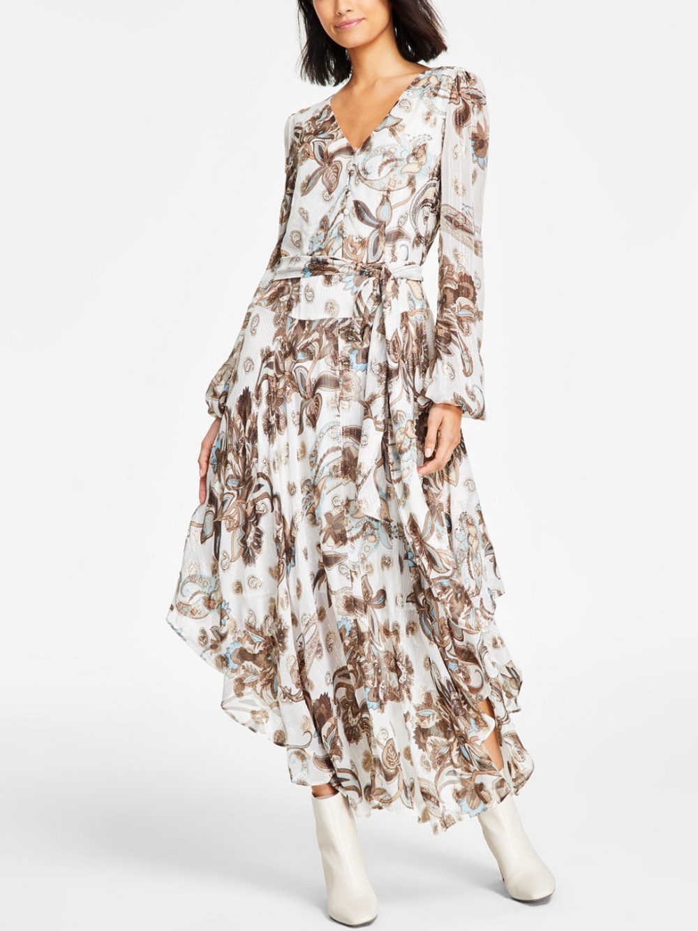 Vince Camuto Women's White & Brown Paisley Wrap Midi Dress